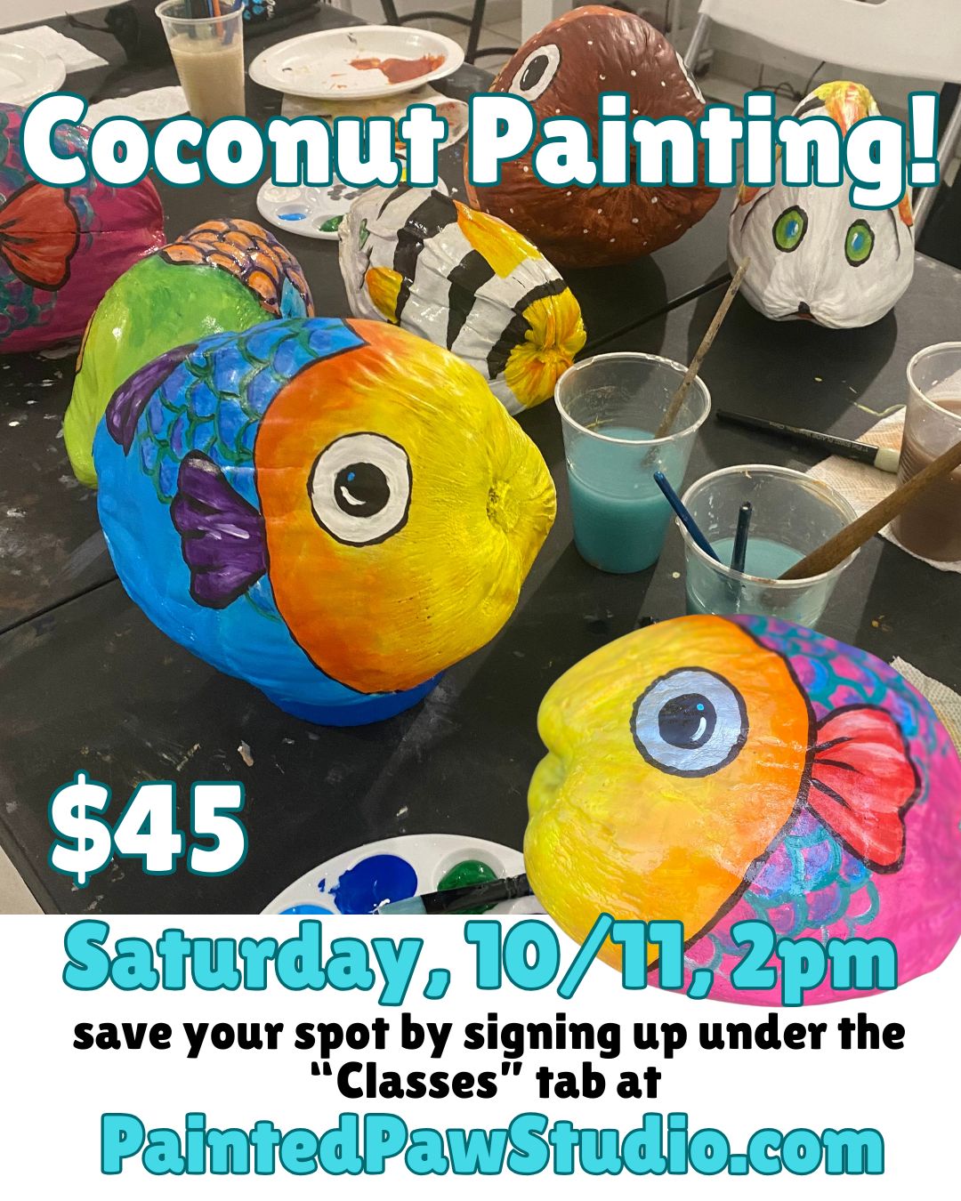 Paint Coconut Fish- or Pumpkins, Skulls, & Spooky Cocos!  Saturday 10/11/25